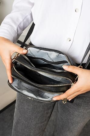 Women's Adjustable Cross Strap 4 Compartment Black Mat Shoulder and Cross Bag S-1267