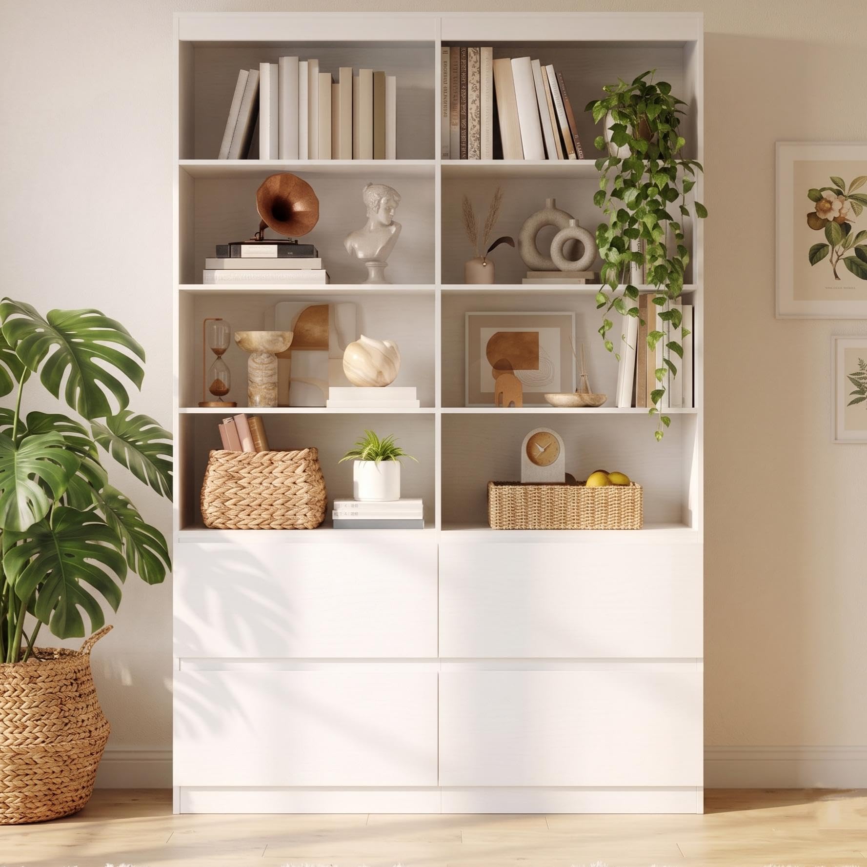 Xbro Librería, Estantería Libros de 6 Niveles con 4 Cajones | 34 x 120 x 180, para Salón, Dormitorio, Oficina, Almacenamiento y Exhibición, Blanco