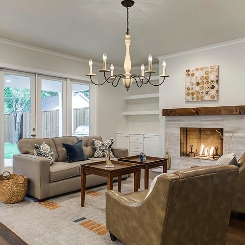 Miniatura 2 de Candelabro de campo francés, 6 luces rústicas de granja para comedor, antiguo, hecho a mano, madera real, marrón y blanco con brazo de metal negro,