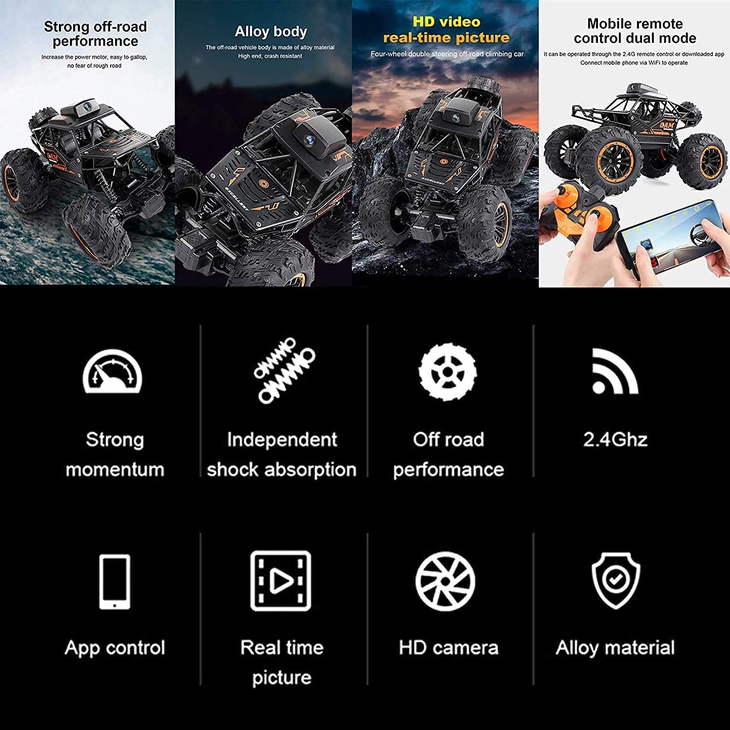 Black Foru Remote Control Car RC Cars with 720P HD FPV WiFi Camera, 2.4Ghz 1/18 Scale Off-Road Remote Control Truck Monster Trucks for Toddlers Kids Adults, Gift for Boys and Girls Gift for Kids 2