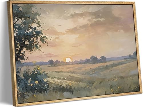Arte de Pared de Lienzo Vintage Enmarcado Álamos Puesta de Sol Paisaje de Naturaleza Pintura Imagen Decoración de Pared Rústico Cottagecore Obra de