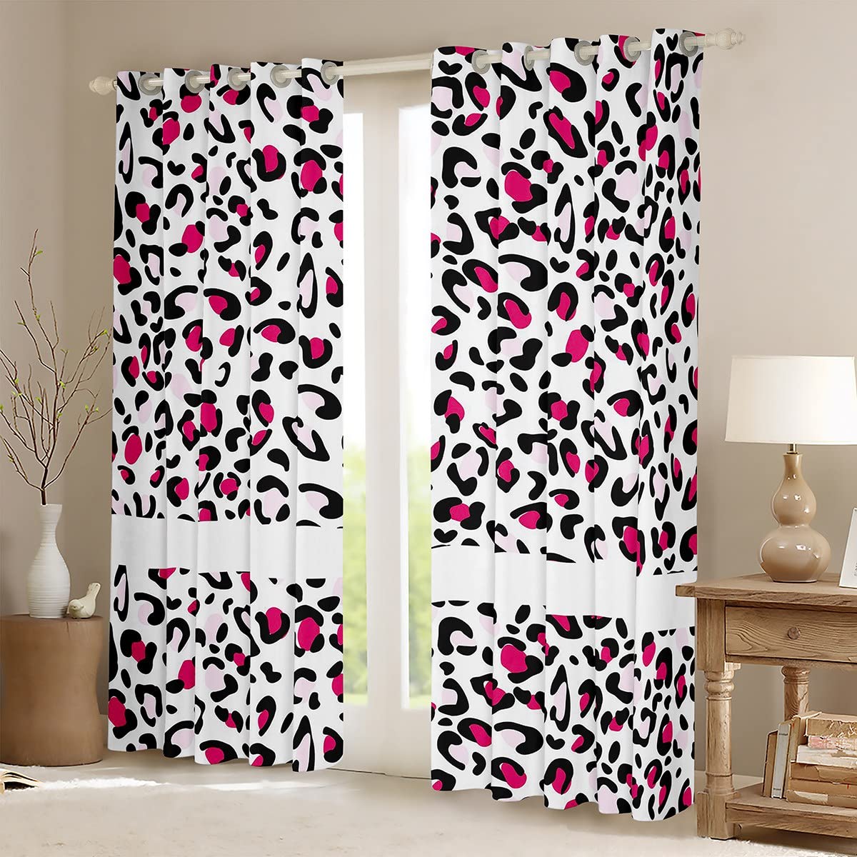 Loussiesd Leopard Curtains for Girls Kids Women Safari Cheetah Window Drapes Black White Pink Leopard Window Curtains for Wild Animal Window Treatments,W46*L72 - Image 2