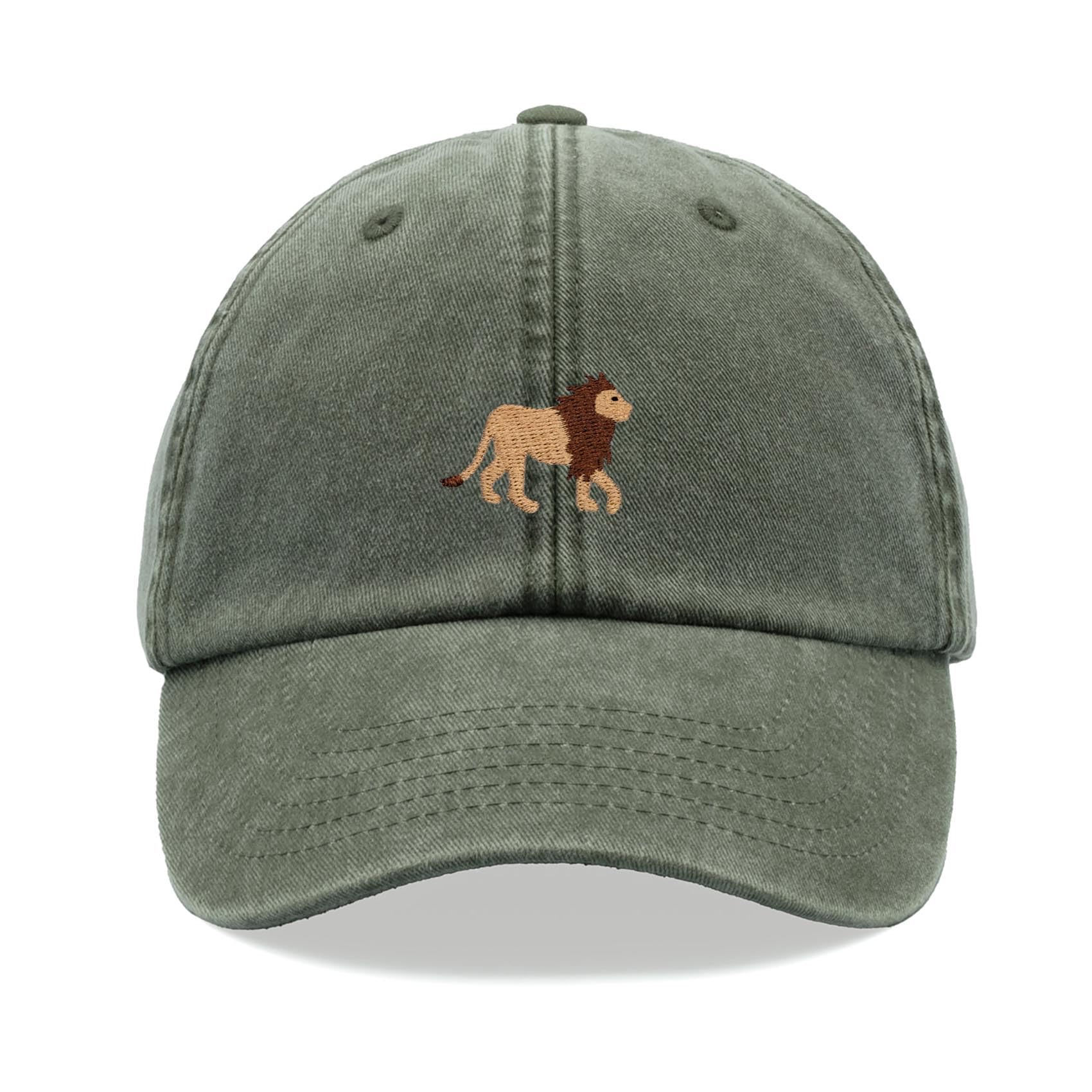 Lion Baseball Cap Vintage Washed Unisex Dad Hat Low Profile Adjustable Olive