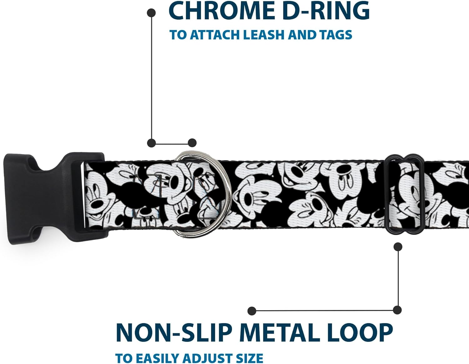 Buckle-Down Plastic Clip Collar - Mickey Mouse Expressions Stacked White/Black - 1.5" Wide - Fits 13-18" Neck - Small