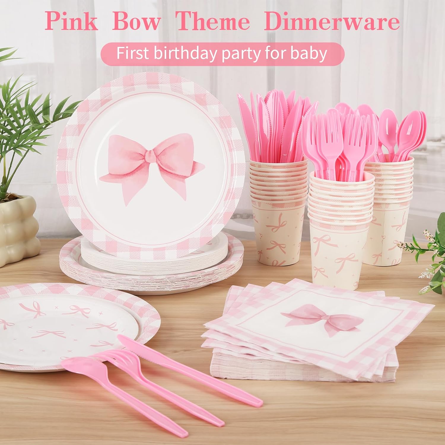 210PCS Pink Bow Birthday Party Supplies,Conquette Birthday Party Plates Napkins Cups Forks Spoons Knives Tableware Sets for Girl Bachelorette Bridal Engagement Decoration,Serves 30