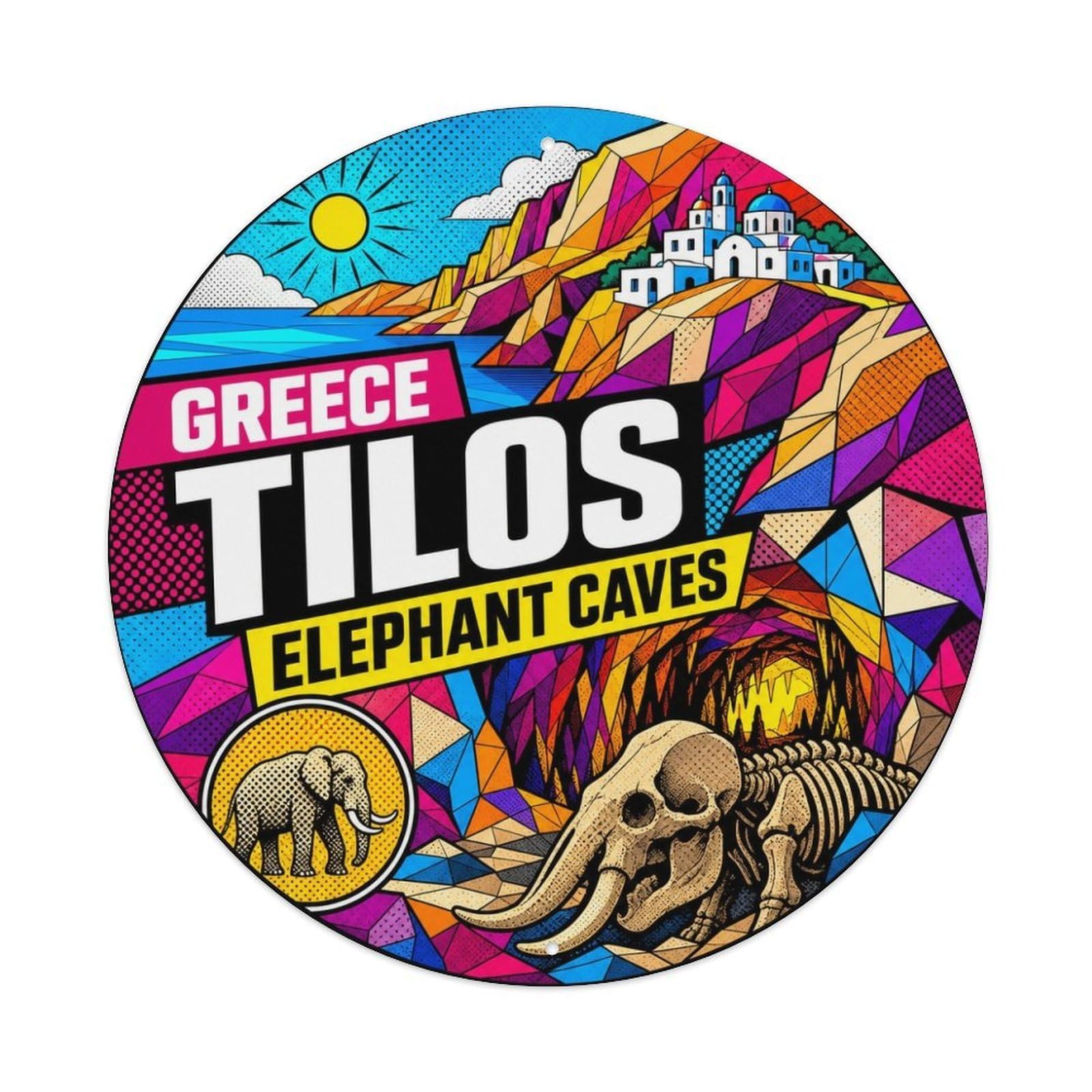 Tilos Elephant Caves Greek Bold Color Island Travel Metal Tin Sign Plaque Wall Decor for Cafe, Man Cave, Club Bar, Office, Home Garden Round Metal Poster 8x8Inch