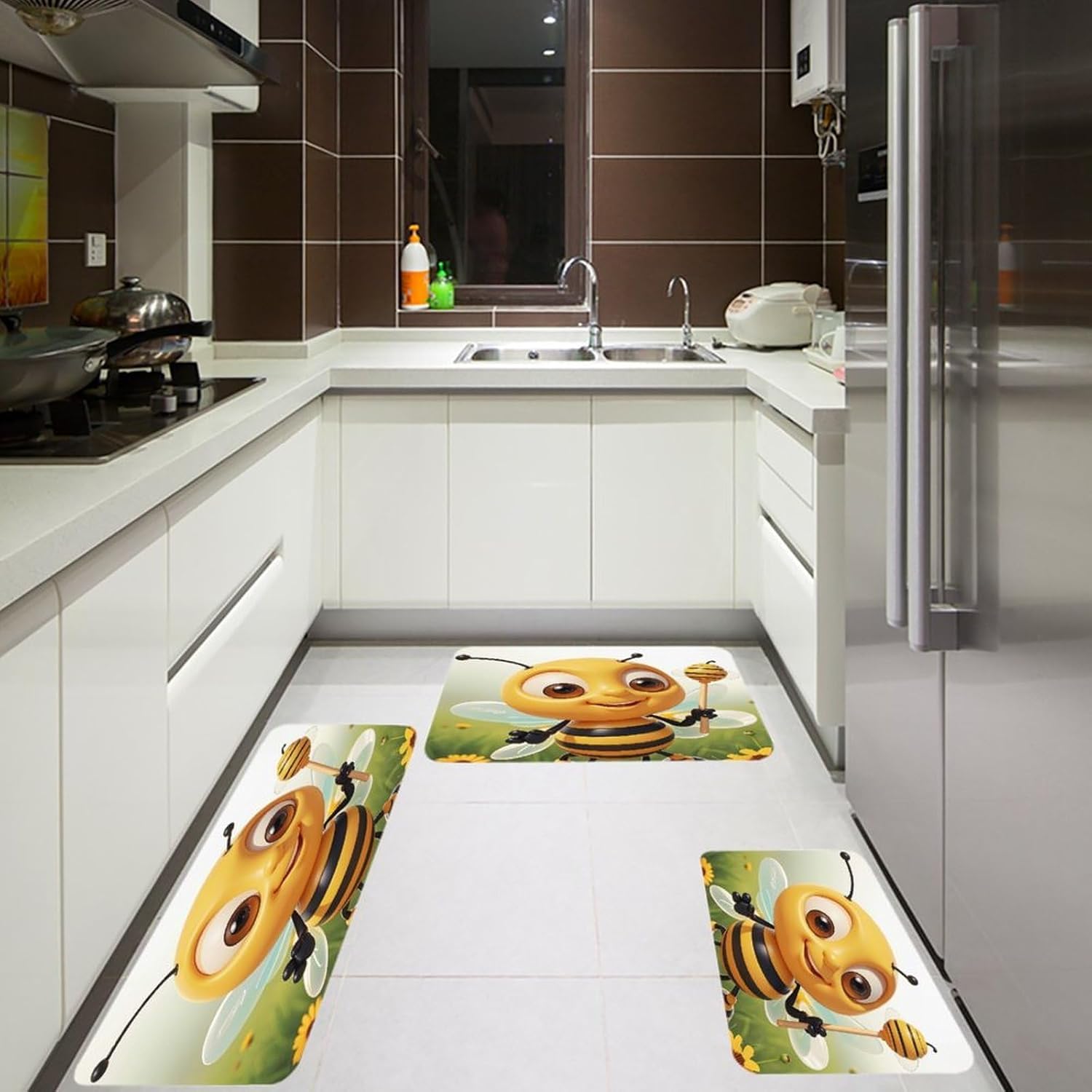 Honey Bee Kitchen Mats for Floor 3PCS Waterproof Low-Profile Kitchen Rugs Floor Mat Non Slip Anti Fatigue Mats Comfort Standing Mat Runner Rug Area Rug 6"x24"+20"x31"+17"x47"