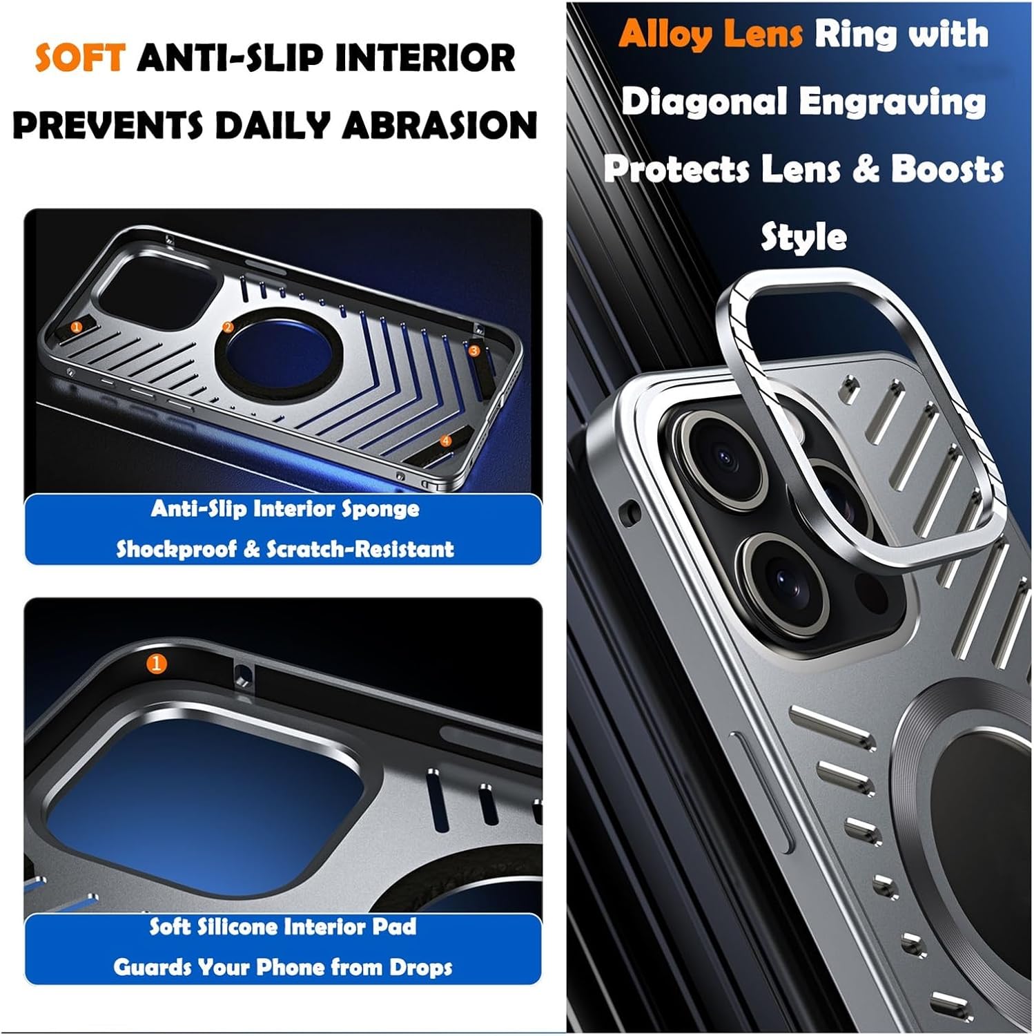 Magnetic Heat Dissipation Metal Case for iPhone 16 Pro Max, Aluminum Alloy Hollow Back Protective Cover, Compatible with Magsafe Shockproof Slim Design+ Anti-peep Screen Protector(Gray,16 Pro)
