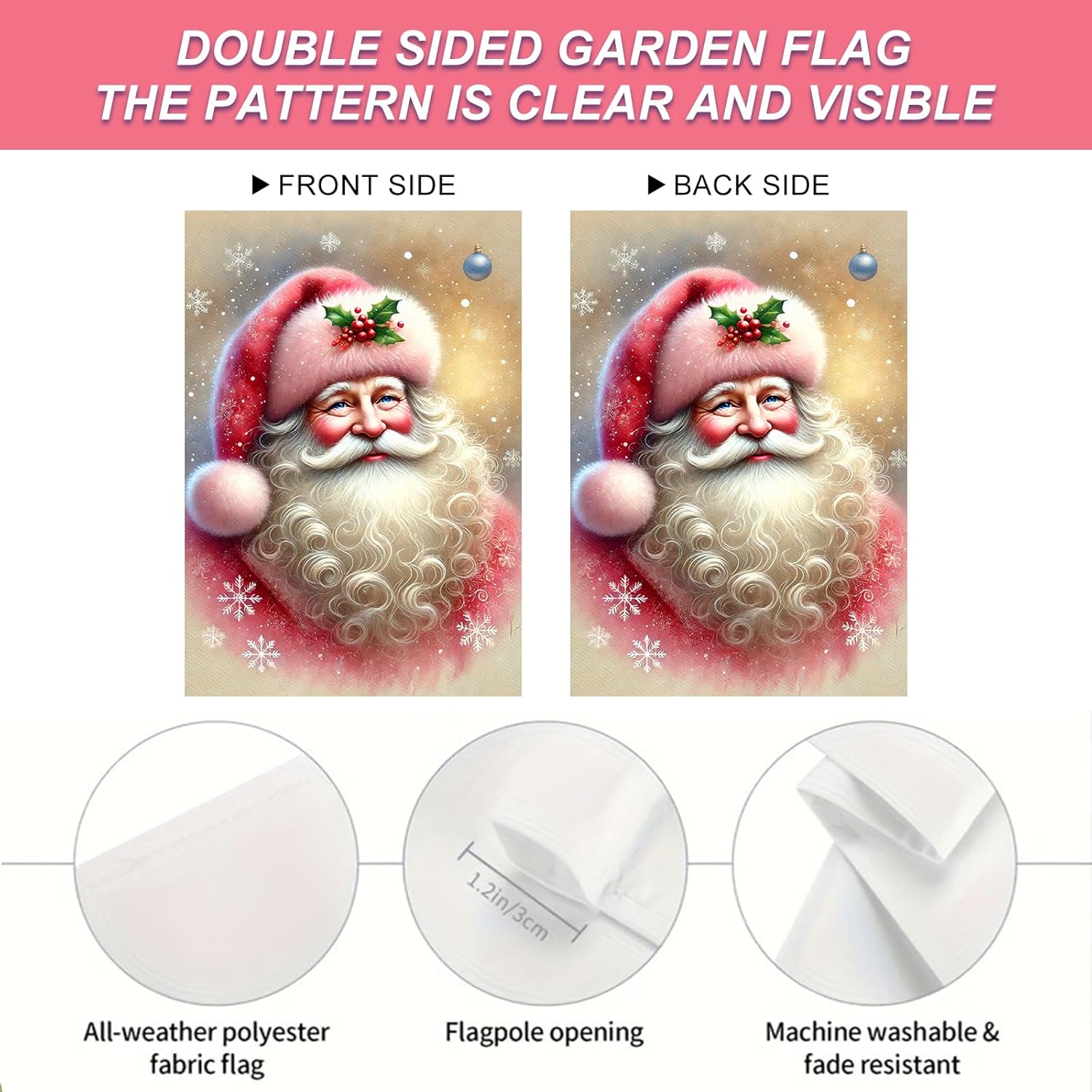 Merry Christmas Garden Flag Pink Winter Portrait of Santa Claus Holly Festive Decor Flag 12x18 Inch Double Sided For Front Porch Lawn Patio Seasonal Home Decor For Outside - Image 4