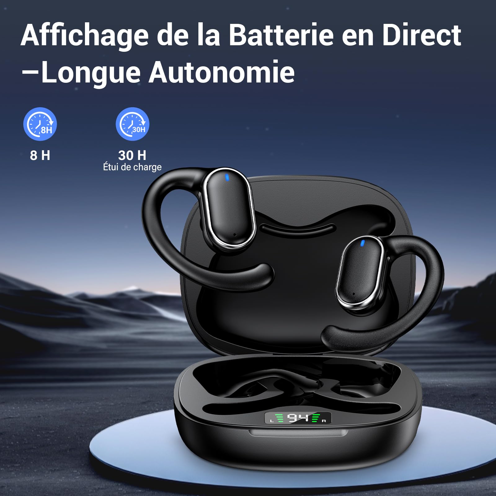 Casque de Sport sans Fil, Casque Bluetooth 5.3 Ouvert, avec Micro HD et Annulation du Bruit ENC, Basses Améliorées, Affichage LED, Casque Bluetooth étanche IPX7 pour iOS et Android, Noir