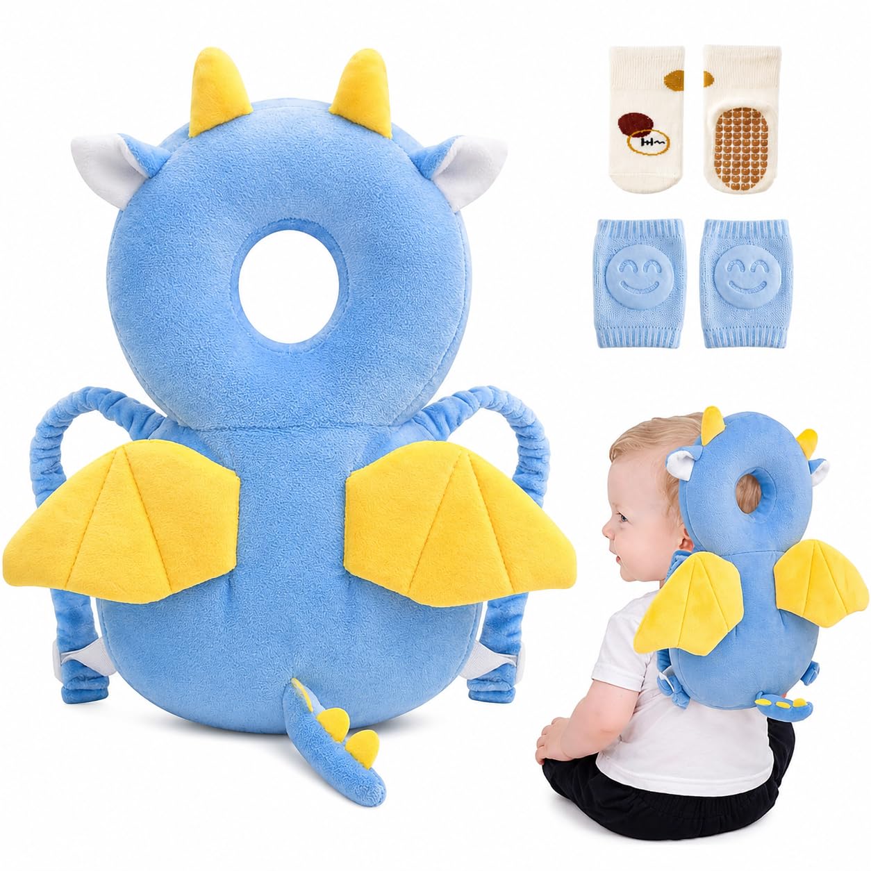 Viondra Baby Head Protector Backpack Toddler Walking Head Protection Pillow Adjustable Baby Back Cushion Soft Infant Head Support Set with Knee Pads and Socks Suitable for 5-24 Months (Dragon)