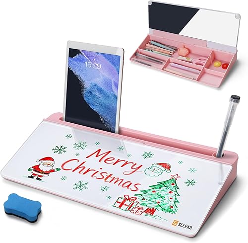 Miniatura 10 de SELEAD - Pizarra blanca de escritorio de vidrio con almacenamiento, pizarra pequeña de borrado en seco, teclado con soporte para computadora,