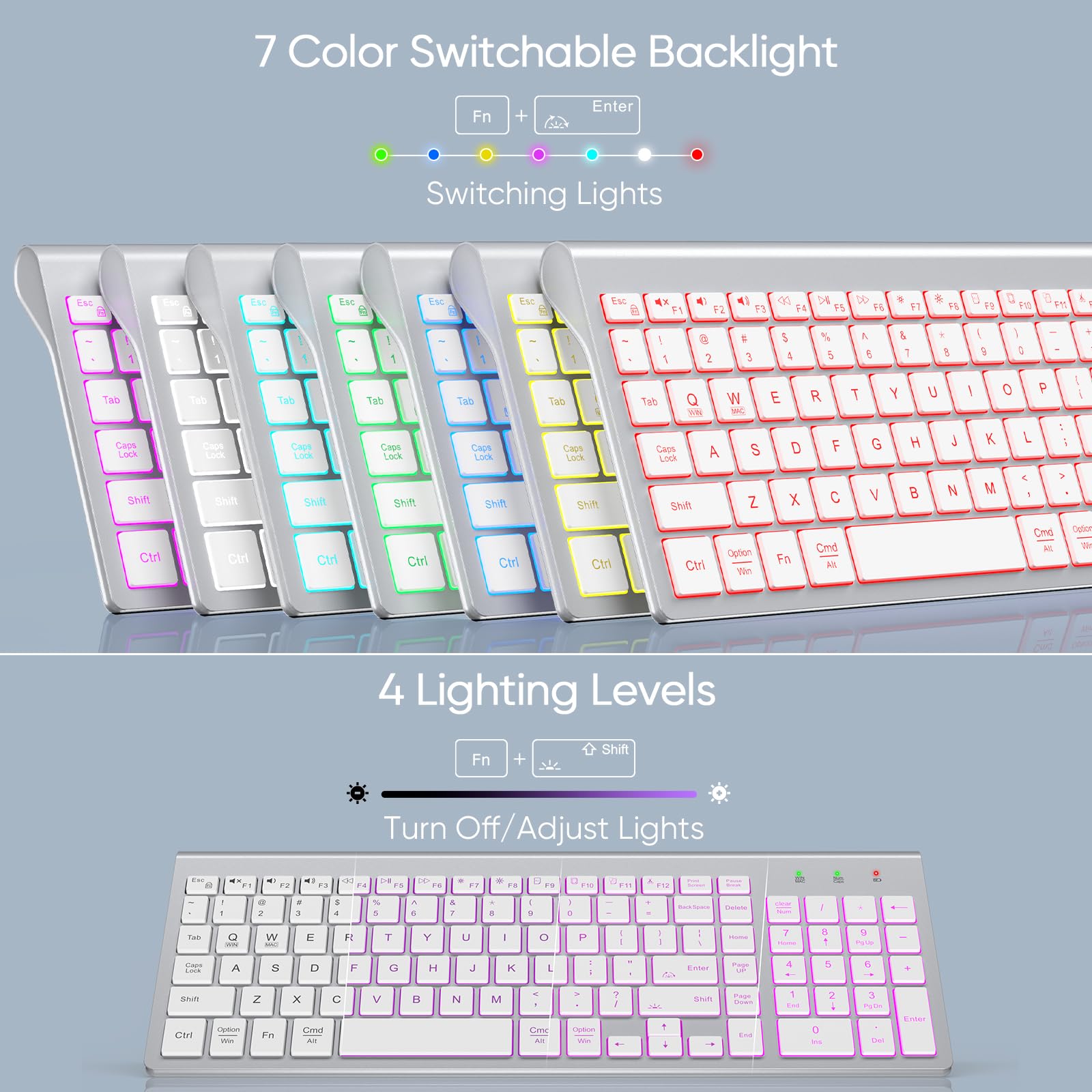 SABLUTE Wireless Keyboard with 7 Colored Backlits, Rechargeable Silent Compact Cordless Computer Keyboard with Low Profile Quiet Light Up Keys for Windows, PC, Linux, Chrome, Mac (White): Silver