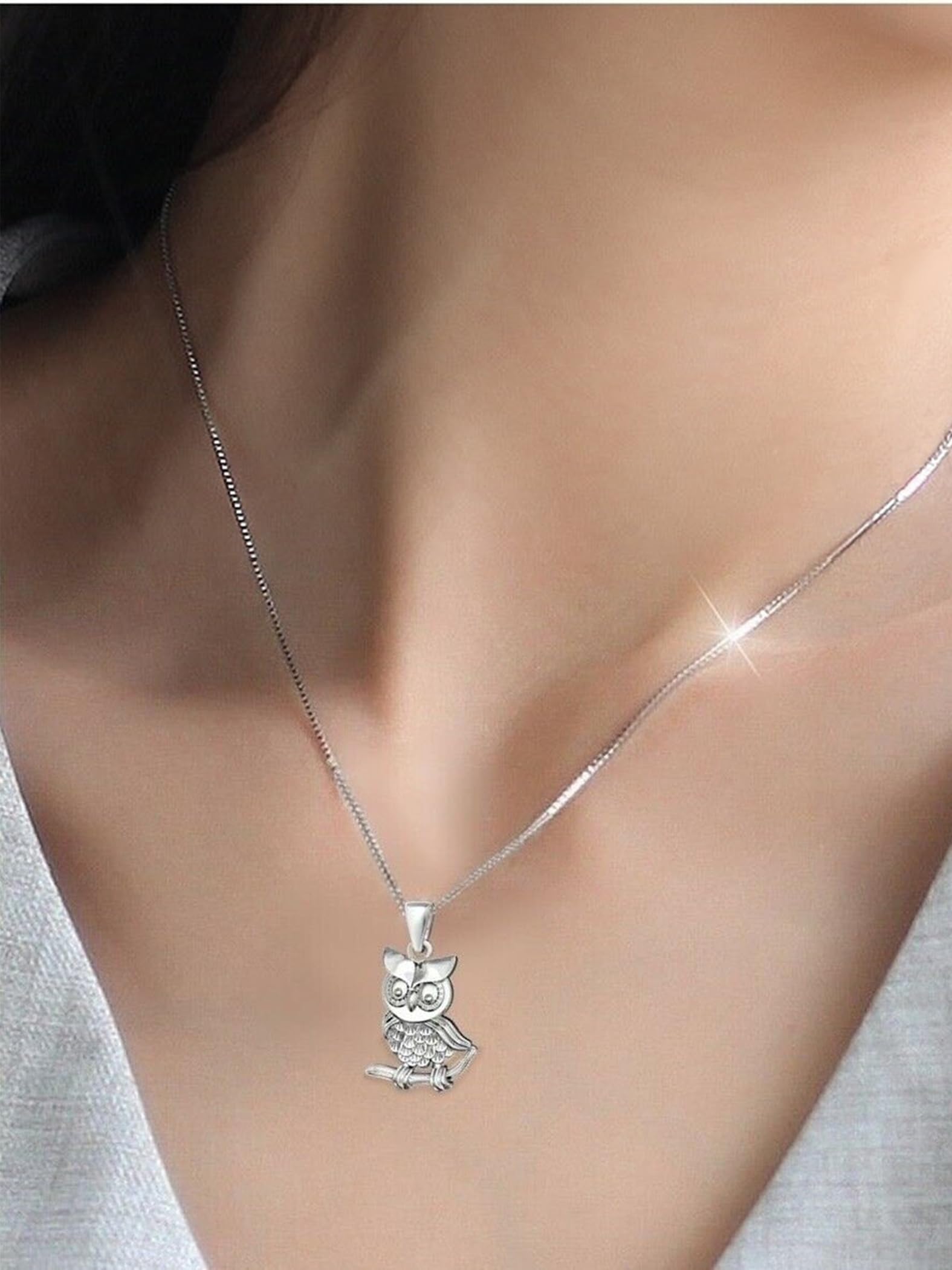 Goldene Hufeisen Pendentif hibou sur branche avec chaîne en argent 925 véritable pour filles, femmes et enfants
