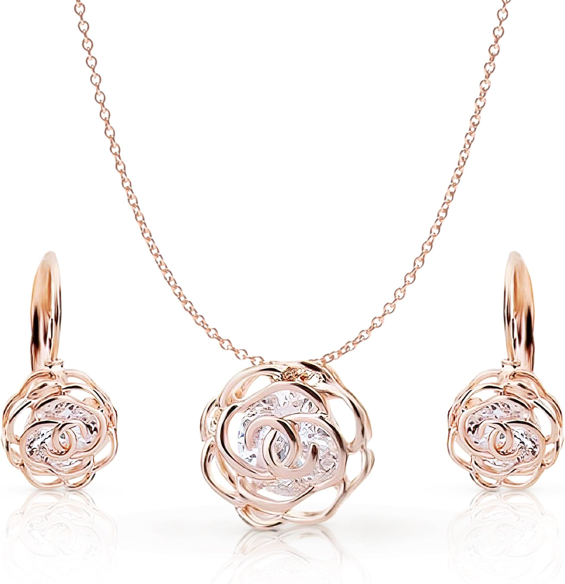 Women 18K Gold Plated White Crystal Roses Flowers Necklace and Earrings Set for Women Wedding Party Bridal Bridesmaid Accessories