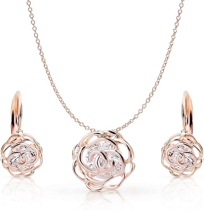 Women 18K Gold Plated White Crystal Roses Flowers Necklace and Earrings Set for Women Wedding Party Bridal Bridesmaid Accessories