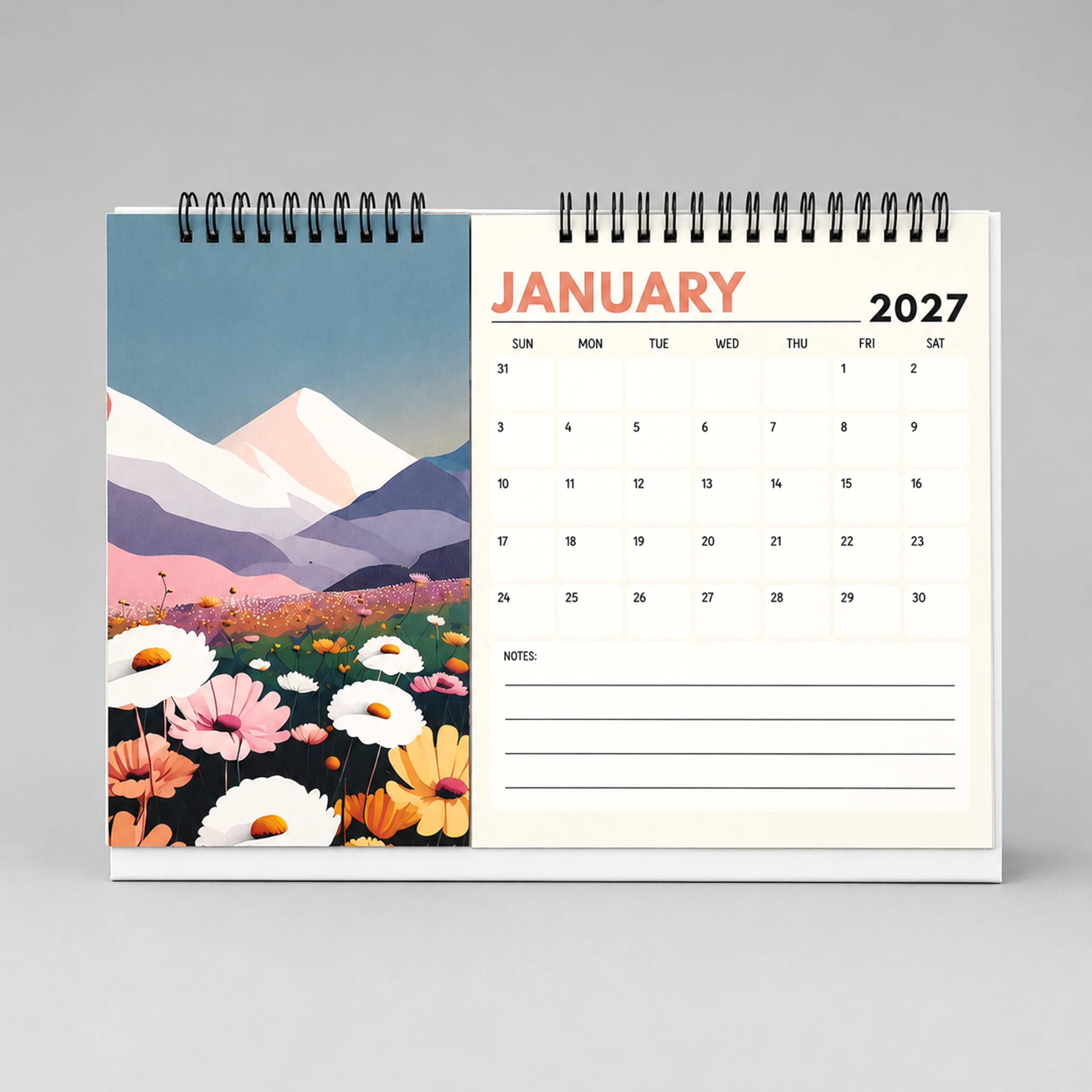 PaperO A4 Desk Calendar 2027 | Watercolor Theme Table Calendar | 12-Month Planner with Notes Section | Premium 300 GSM Textured Paper | Sturdy Base Stand | Monthly Calendar for Office, Home & Workspace (A4 Split Desk Calendar)-image-43