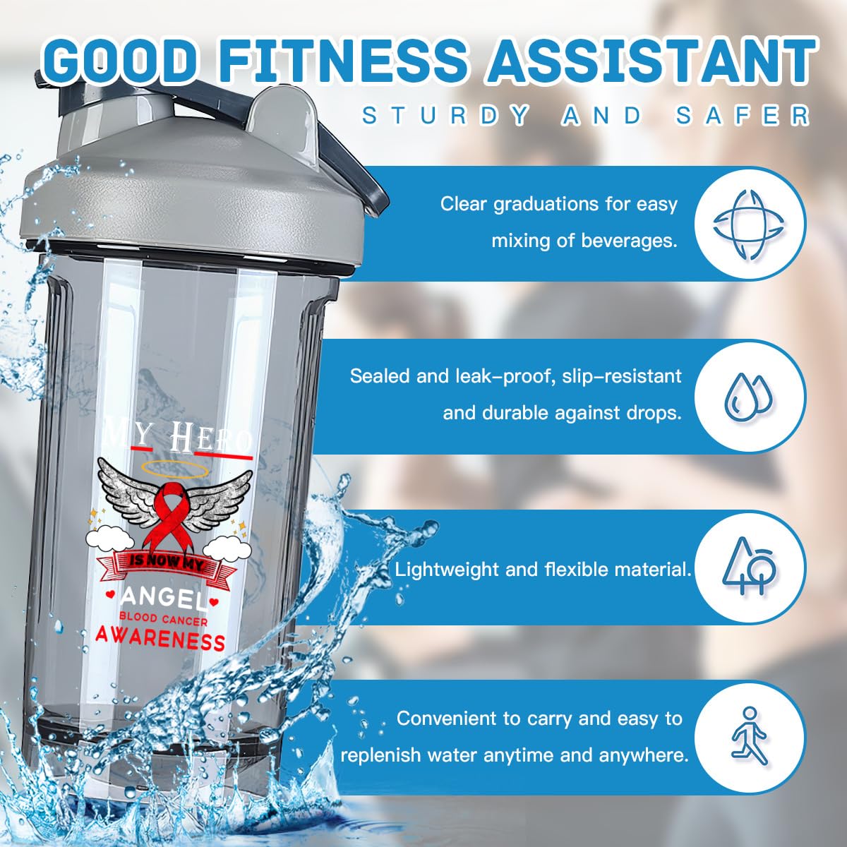 My Hero Is Now My Angel Blood Cancer Awareness 18 Ounce Shaker Bottle Drink Mixer Leak-proof Shakes Meal Replacement Shakes Bottles 500ML/18 Oz Gray&-ds5-2