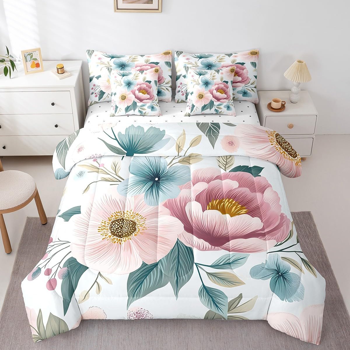 Erosebridal Cute Aesthetics Full Bedding Set 7 Piece Pink Blue Flower Comforter Set with Sheets for Girls Women Green Botanical Leaf Bed in A Bag Garden Floral Plant Bed Set with Pillow Covers