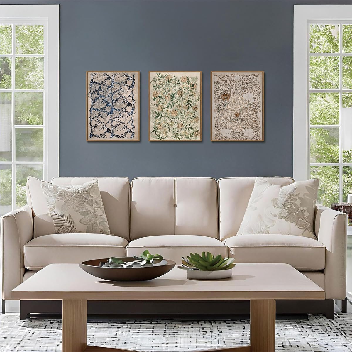 ILLBDR Vintage William Morris Framed Wall Art Abstract Floral Canvas Wall Art Set of 3 Boho Botanical Prints Gallery Artwork Neutral Flower Pictures Decor for Bedroom Living Room 12x16 Inch