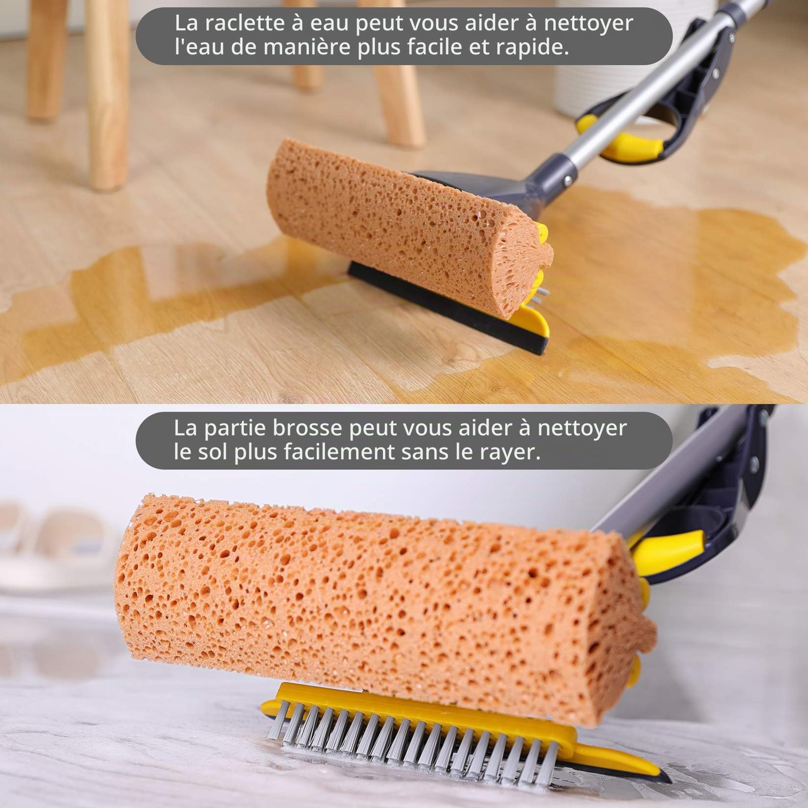 Yocada Balai éponge à Usage Commercial pour la Maison, Le carrelage, la Salle de Bain, Le Garage avec 3 têtes d'éponge et Manche télescopique Extensible de 107 à 132 cm, séchage Facile, essorage