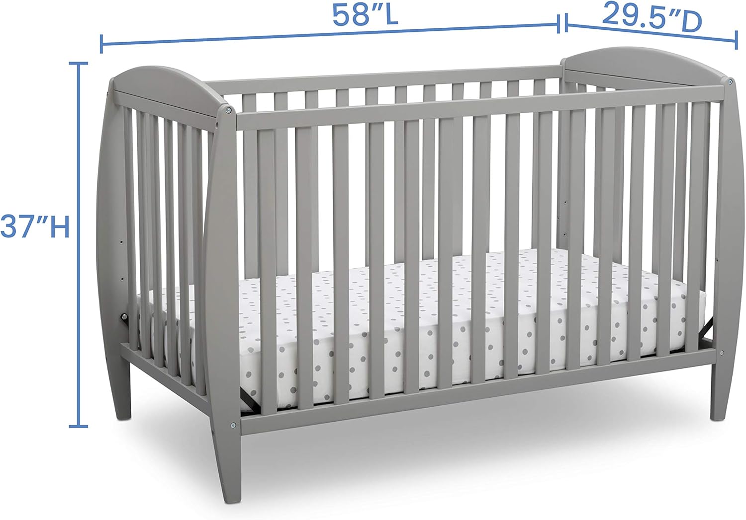 Diagram showing the dimensions of the Delta Children Twinkle Crib