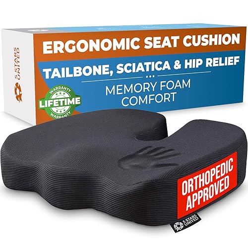 Seat Cushion for Office Chair - 100% Memory Foam Pillow - Firm Coccyx Pad - Tailbone, Sciatica, Lower Back Pain Relief - Premium Home Office Furniture Cushions - Black - Standard Seat Cushion
