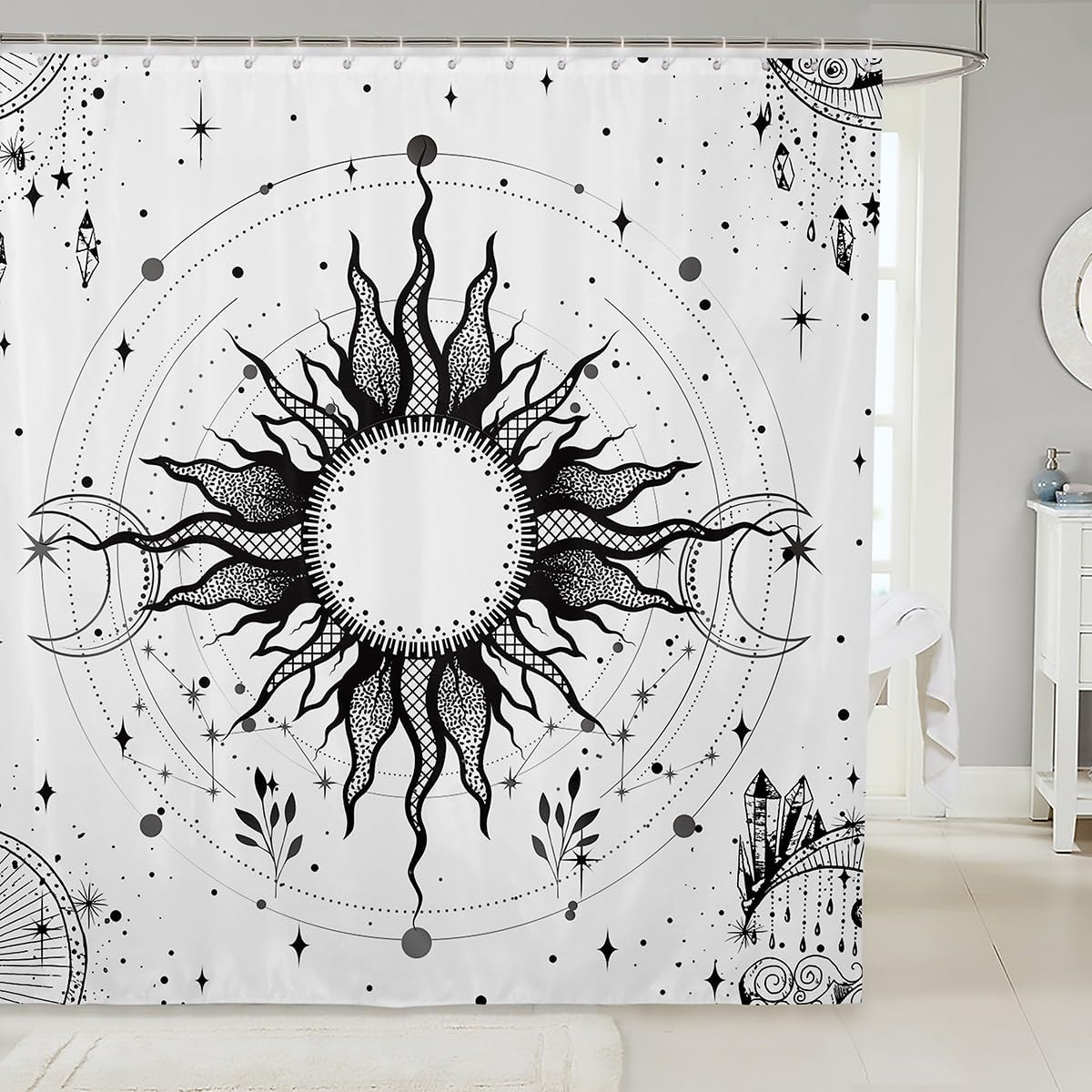 Feelyou Sun and Moon Shower Curtain Boho Exotic Style Fabric Shower Curtain for Kids Boys Girls Teens Room Decor Black White Bathroom Waterproof Accessories with 12 Hooks Galaxy Curtains,72x78 Inches