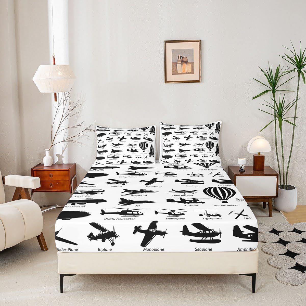 Erosebridal Airplane Bed Sheets Twin,Black White Airplanes Bedding Set Space Rocket Aircraft Fitted Sheet for Boys Kids Teens Room Decor,Helicopter Biplane Bedding Sets with 1 Pillow Case