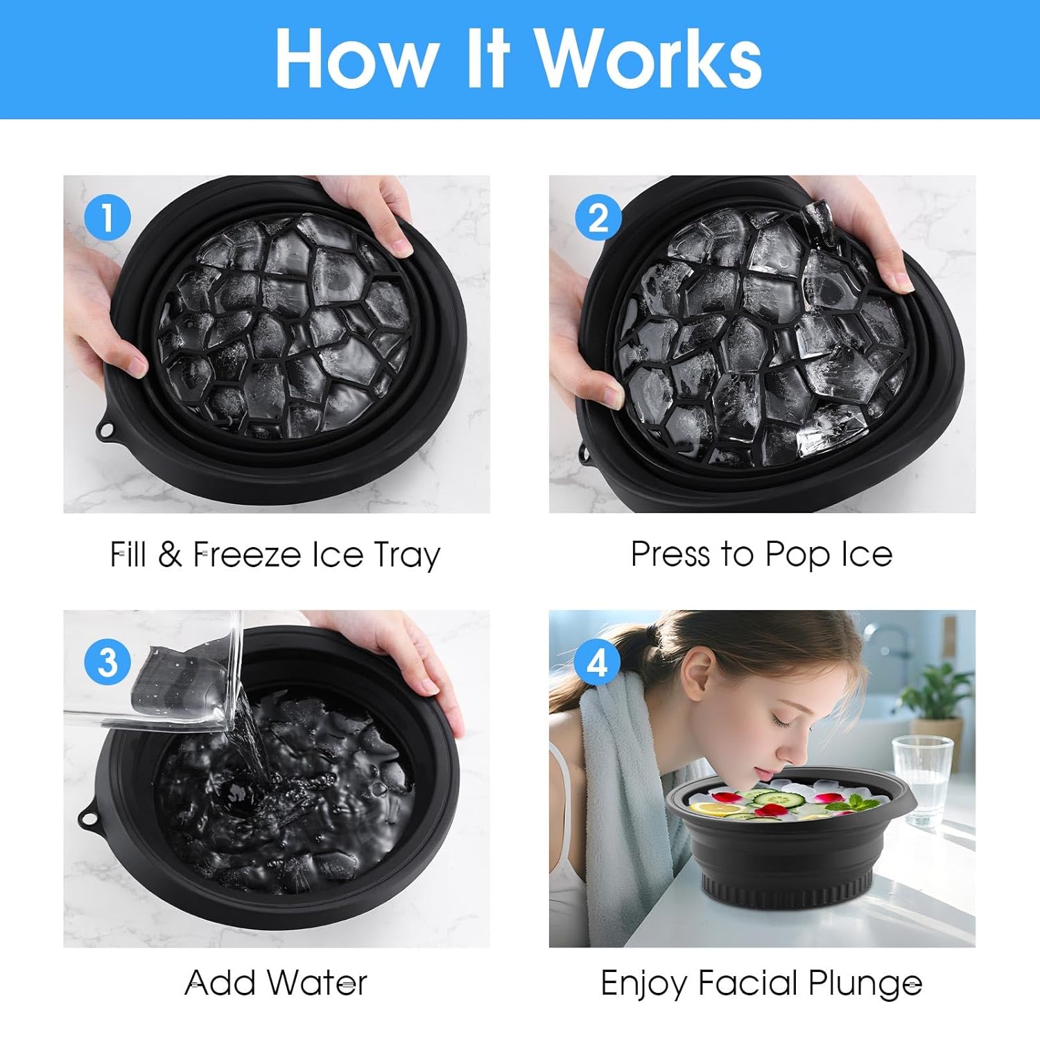 Face Ice Bath Bowl – Collapsible Silicone Facial Ice Bowl with Built-in Ice Tray for Cold Plunge – Portable Skincare Tool for Skin Tightening, Puffiness Relief, Travel & Home Use (blue) - Image 3