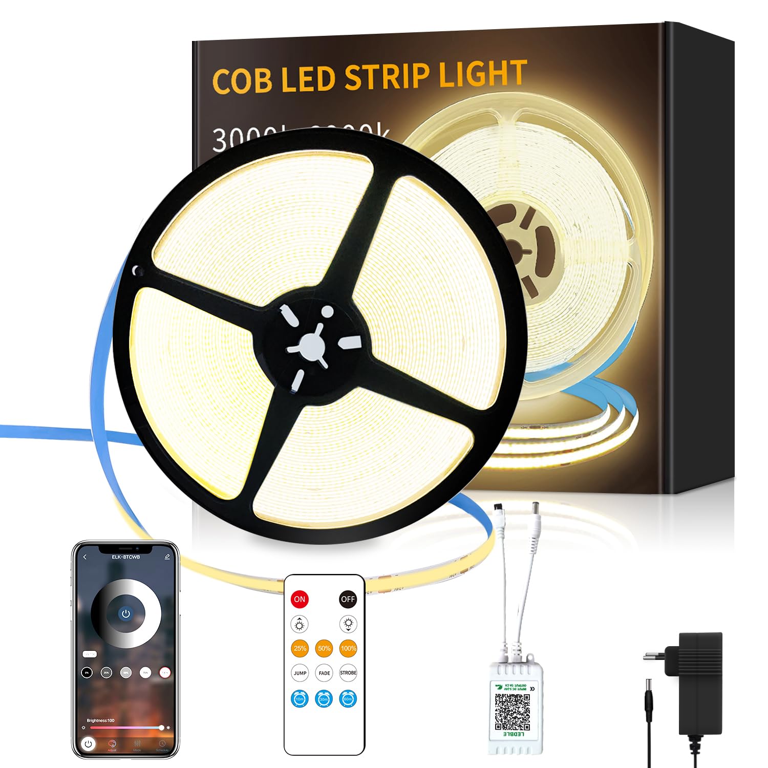 Yeewhale cob Led strip 10m,mit Fernbedienung, APP Steuerung,DC24V 3000k Warmweiß LED band,flexible Dimmbar COB LED Streifen, anwendbar auf Schlafzimmer, Raum,Schrank,DIY Dekoration