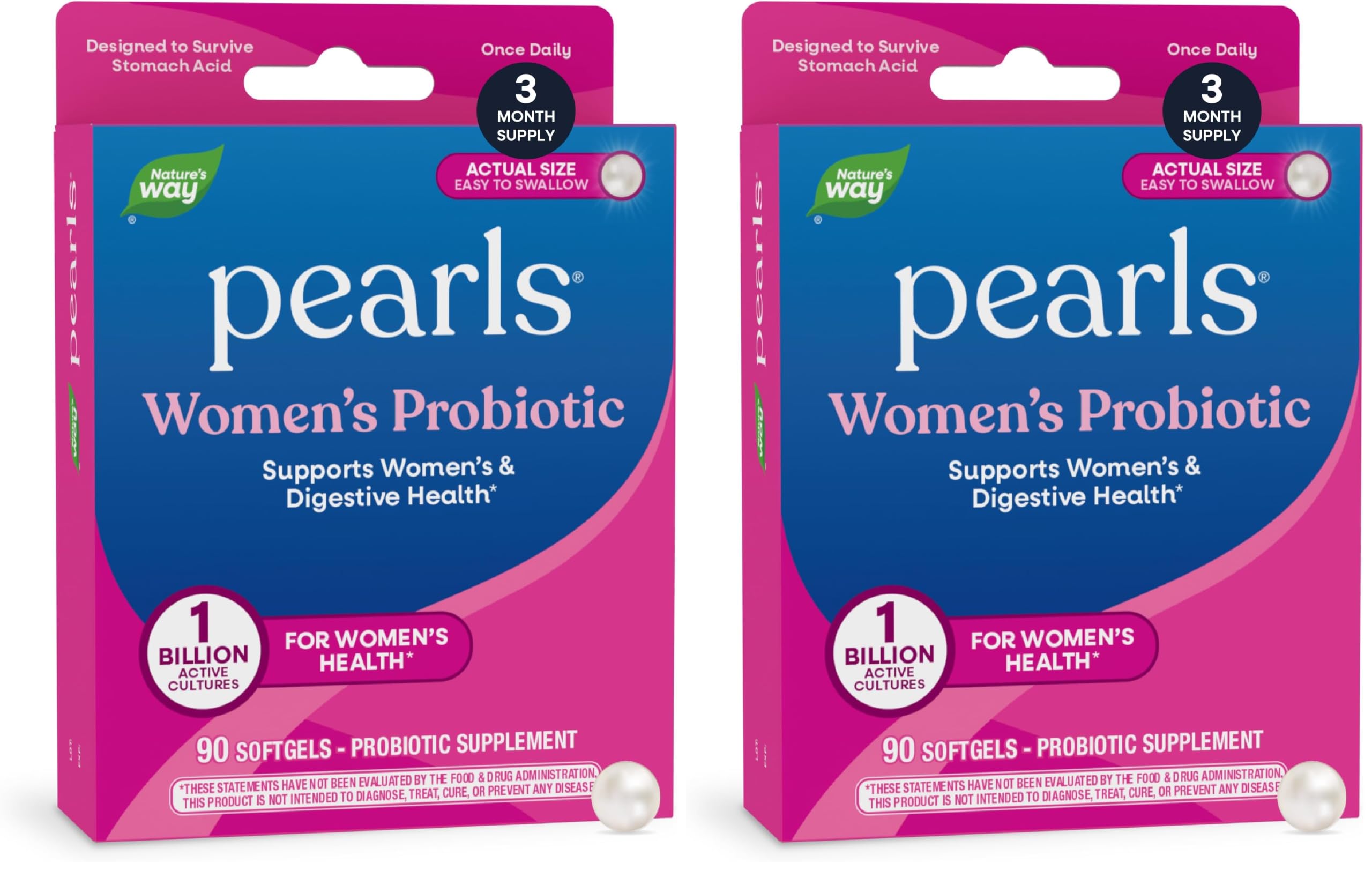 Nature's Way Women's Probiotic Pearls, Supports Women's and Digestive Health*, Protects Against Occasional Constipation &amp; Bloating*, 1 Billion Live Cultures, 90 Softgels, (Pack of 2)
