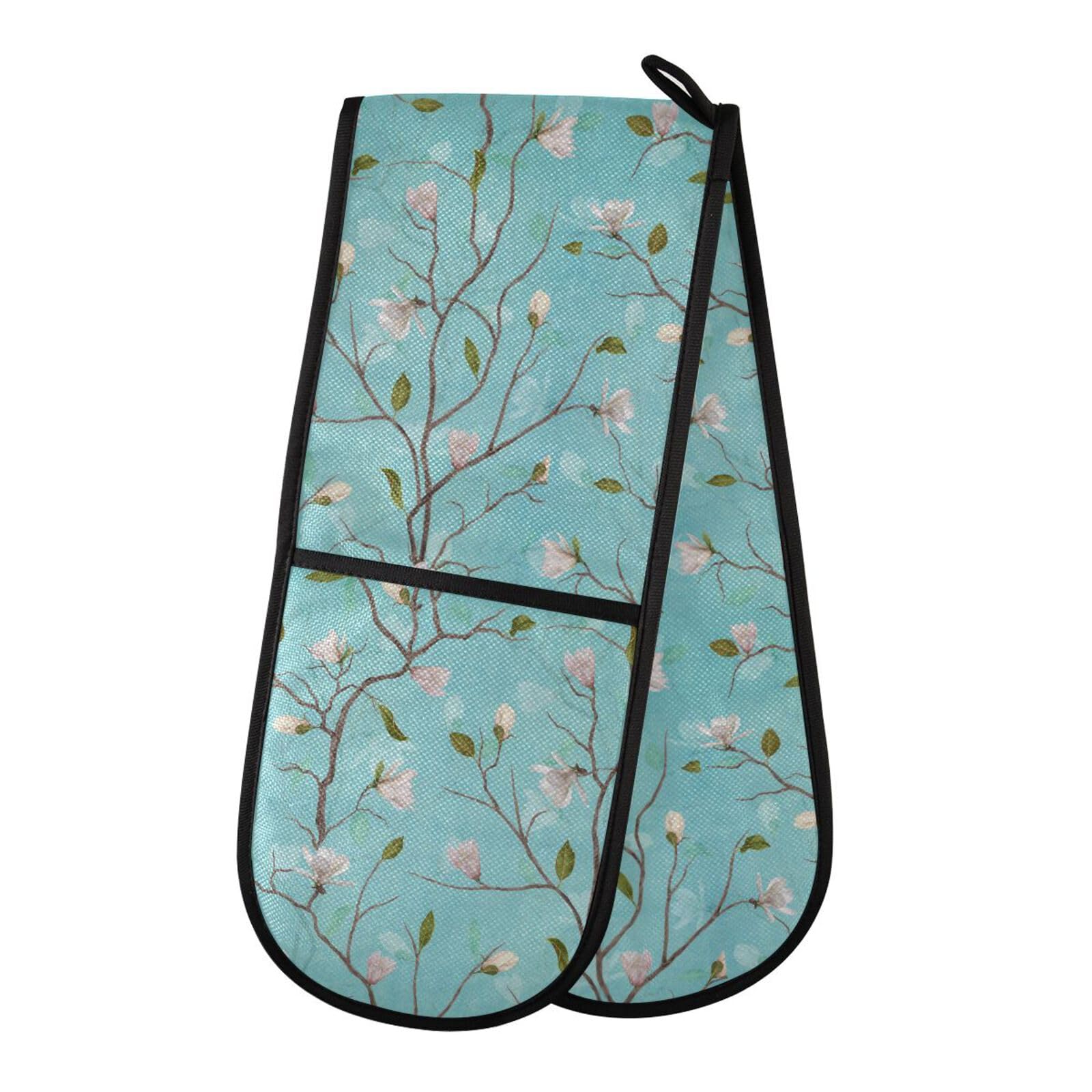 Double Oven Gloves Magnolia Tree Turquoise Heat Resistant Pot Holder Oven Mitt Gloves for BBQ Cooking Baking Grilling Microwave