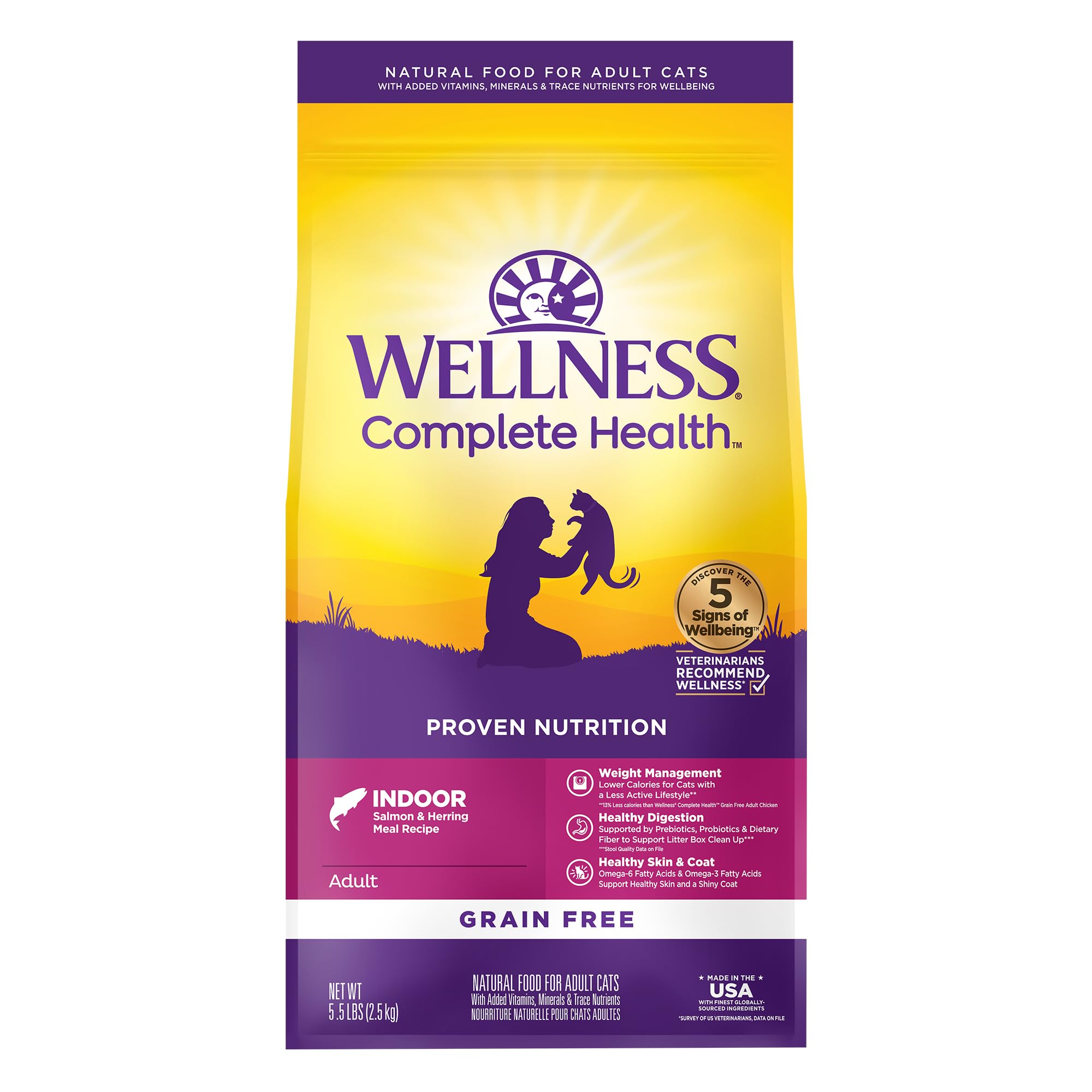 Wellness Complete Health Adult Dry Cat Food for Indoor Cats, Natural, Grain Free Kibble, Salmon and Herring Meal Recipe, 5.5 lb Bag