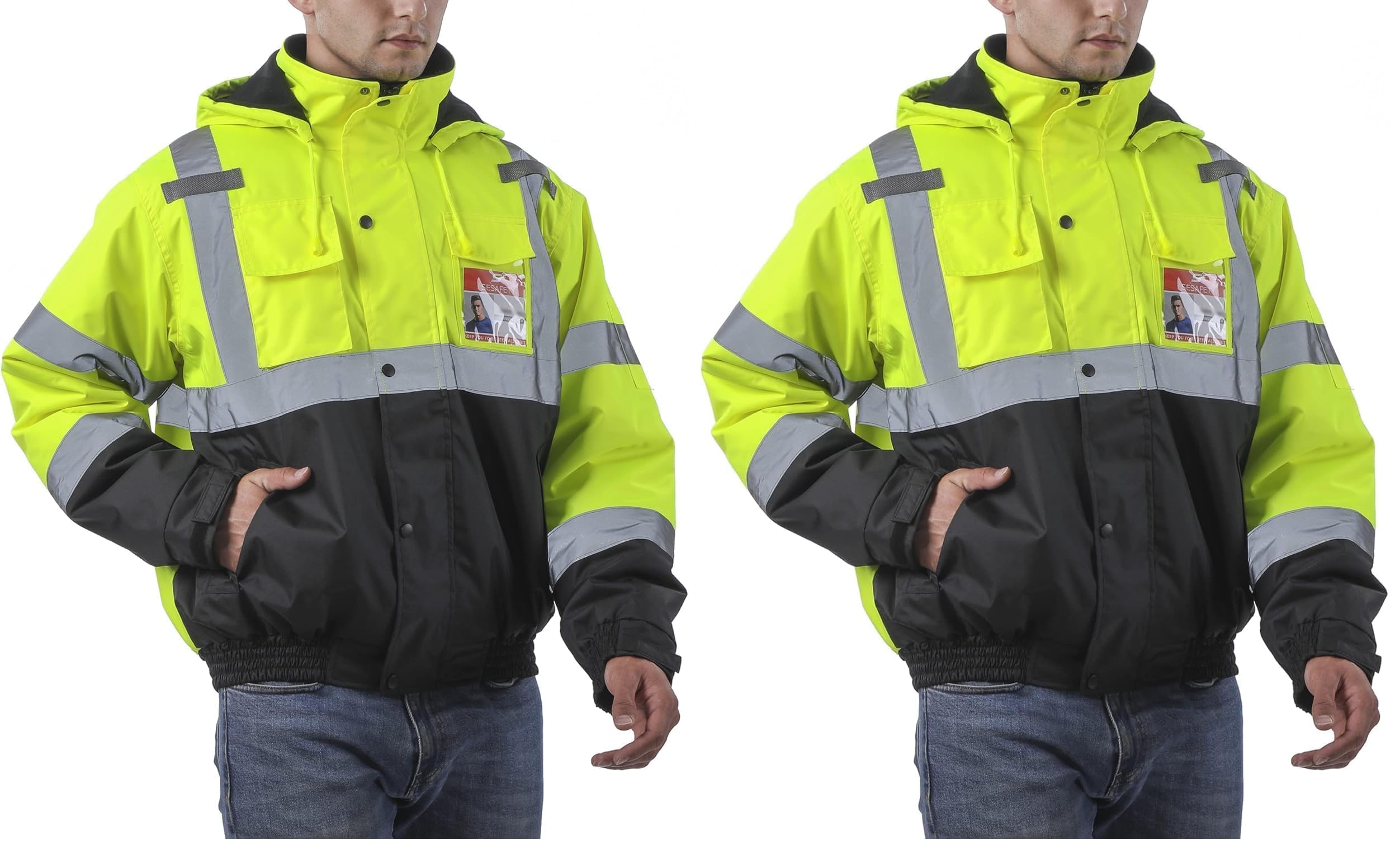 sesafety Reflective Jacket for Men, High Visibility Jackets, Safety Jackets for Men, Hi Vis Construction Bomber Jackets Waterproof with Pockets and Zipper, Black Bottom, Class 3 (Pack of 2)