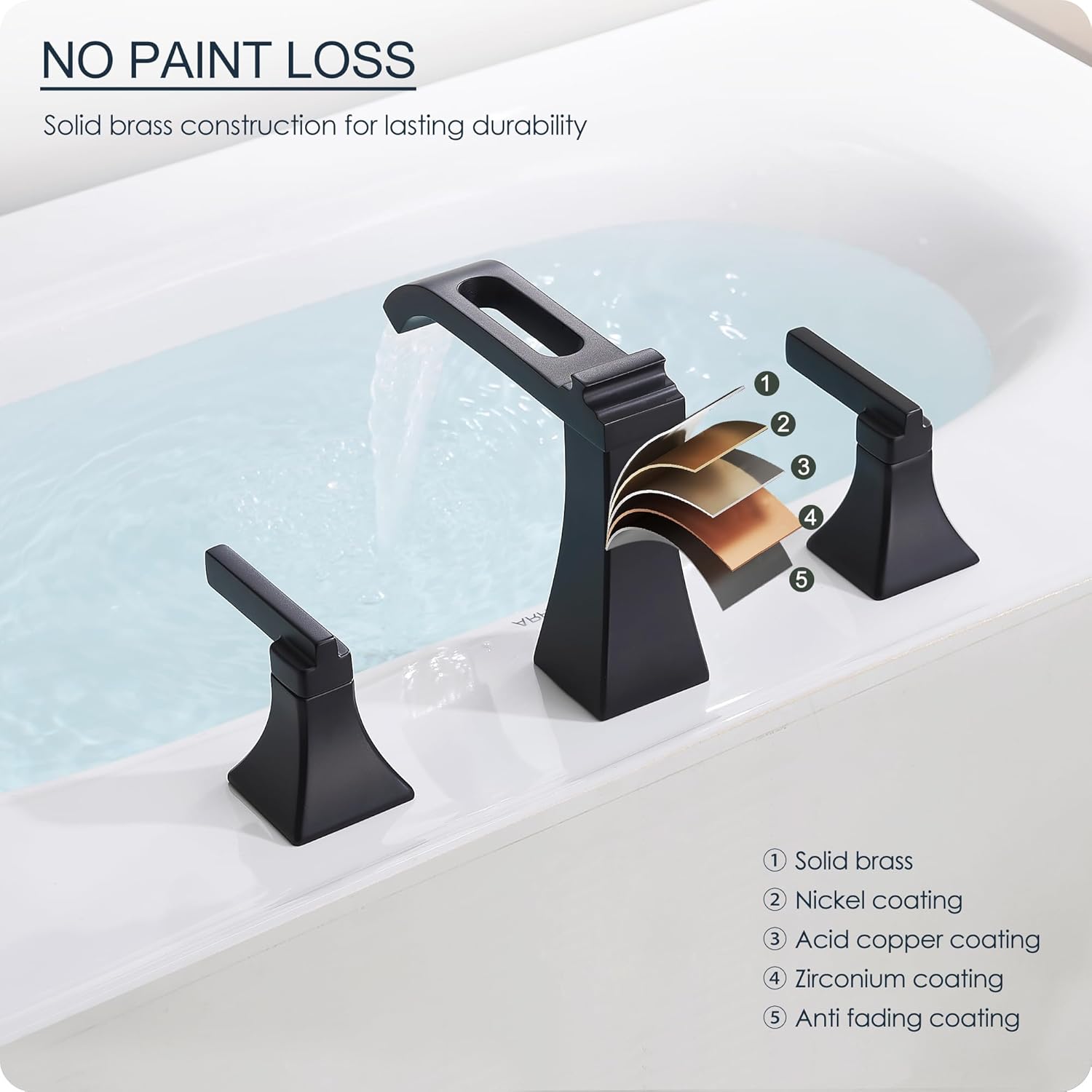 Matte Black Waterfall Bathroom Faucet 3 Hole, Brass 8 Inch Widespread Bathroom Sink Faucet Included Pop-Up Drain, 2 Handles & Pre-Connected cUPC Hose for Vanity, Modern Hollowed Design