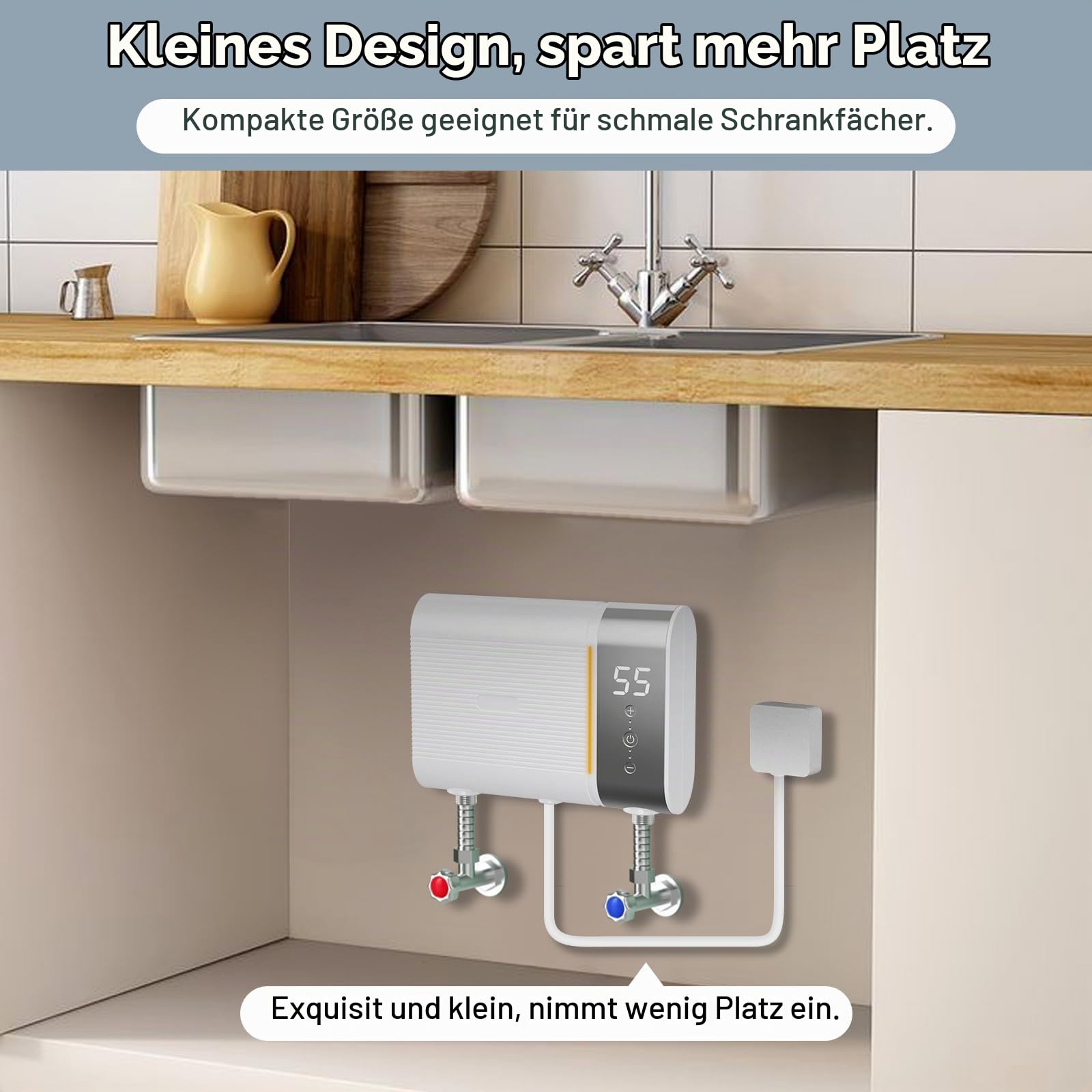 Elektronischer Durchlauferhitzer Küche 220V 5500W elektrische Warmwasserbereiter tankloser Mini-Warmwasserbereiter mit LED Temperaturanzeige, Elektrisch Instant Klein Durchlauferhitzer (White)