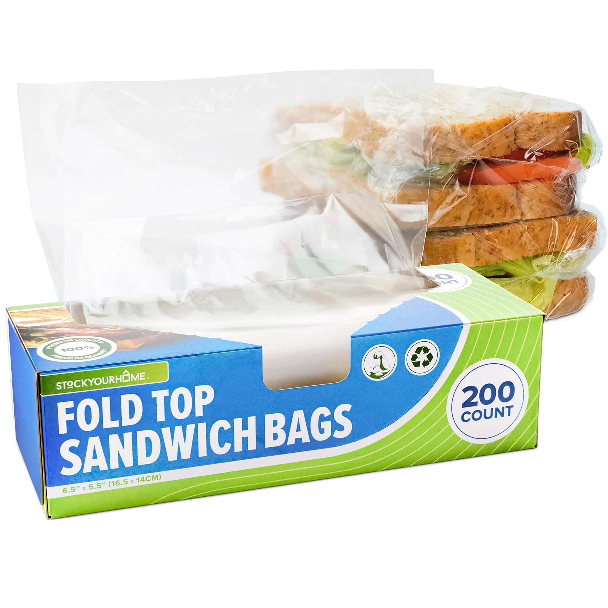 200 Count Clear Fold Top Sandwich Bags by Stock Your Home – 6.5 inches x 5.5 inches, Plastic, Clear, Pack of 200, Model 4440