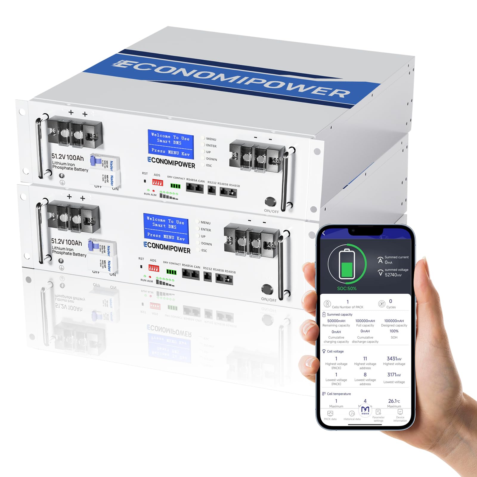 48V 200Ah Server Rack Battery with Bluetooth, 10KWh LiFePO4 Lithium Battery for Solar Energy Storage, Home Backup Power