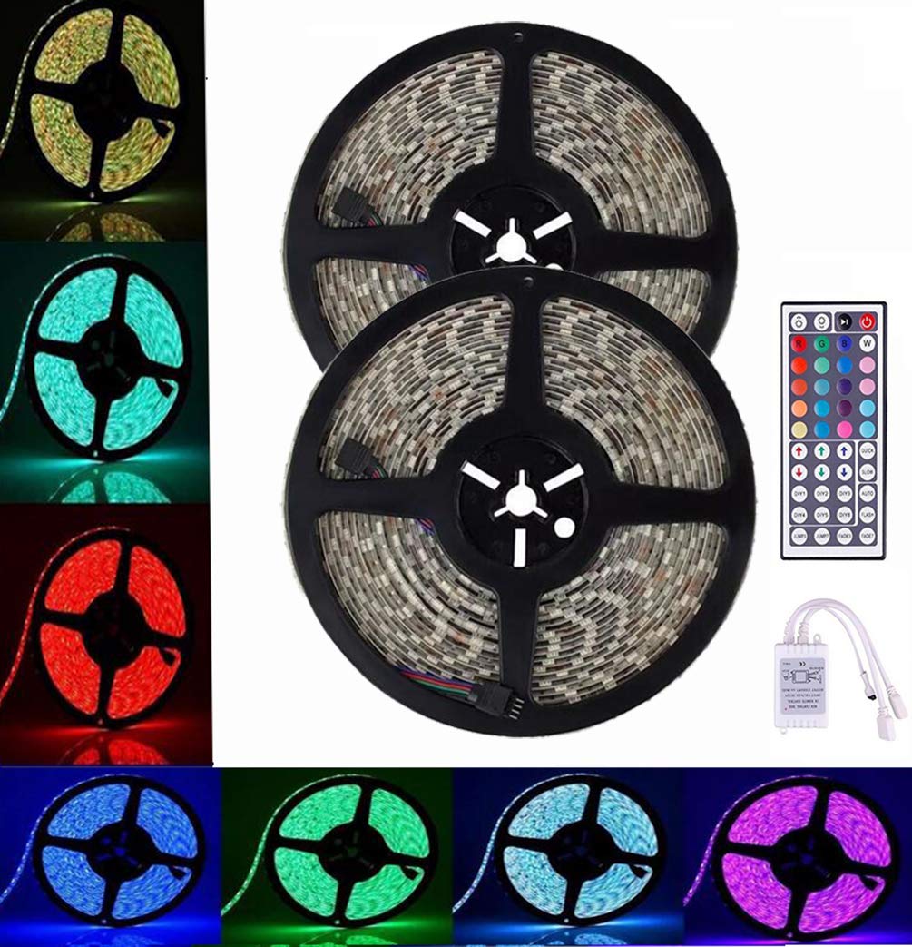 Emwel LED Strip Lights Kit, 2 * 5m Waterproof 5050 SMD RGB LED Flexible Strip Colour Changing Decoration Lights 600 LEDs Kit with 44 Key Remote