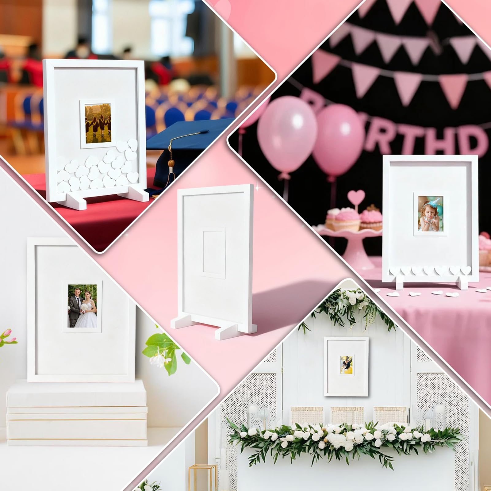 Gugxiom Libro degli ospiti alternativo per matrimonio, cornice in legno per album con oltre 90 cuori, libro degli ospiti alternativo per matrimonio, festa di nascita, anniversario, compleanno (Bianco)