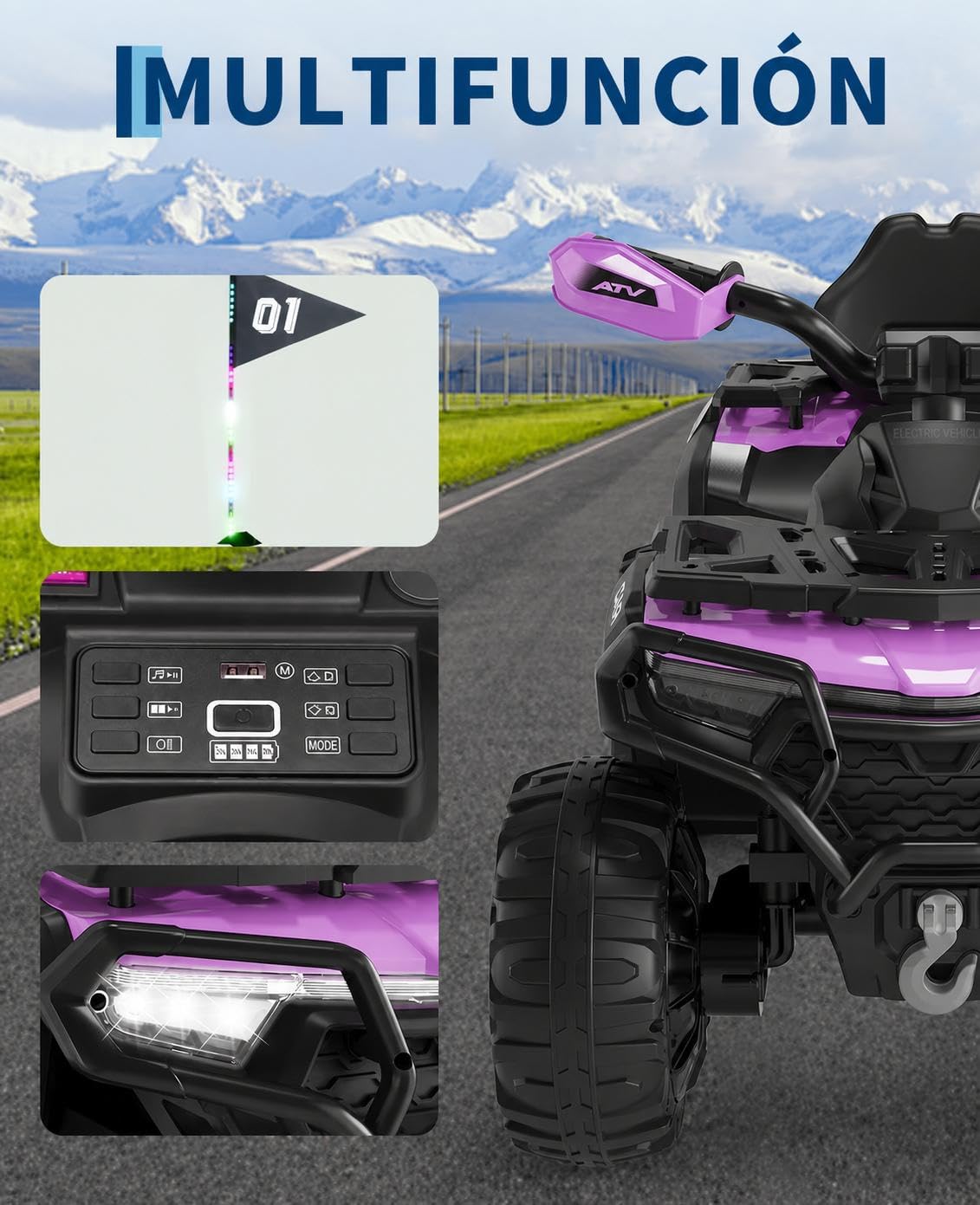 Garvee Elektryczny quad dla dzieci 12 V, elektryczny samochód terenowy z 2 silnikami, pilot rodzicielski, zawieszenie, reflektory LED, muzyka, Bluetooth, USB, świecąca flaga, od 3 lat