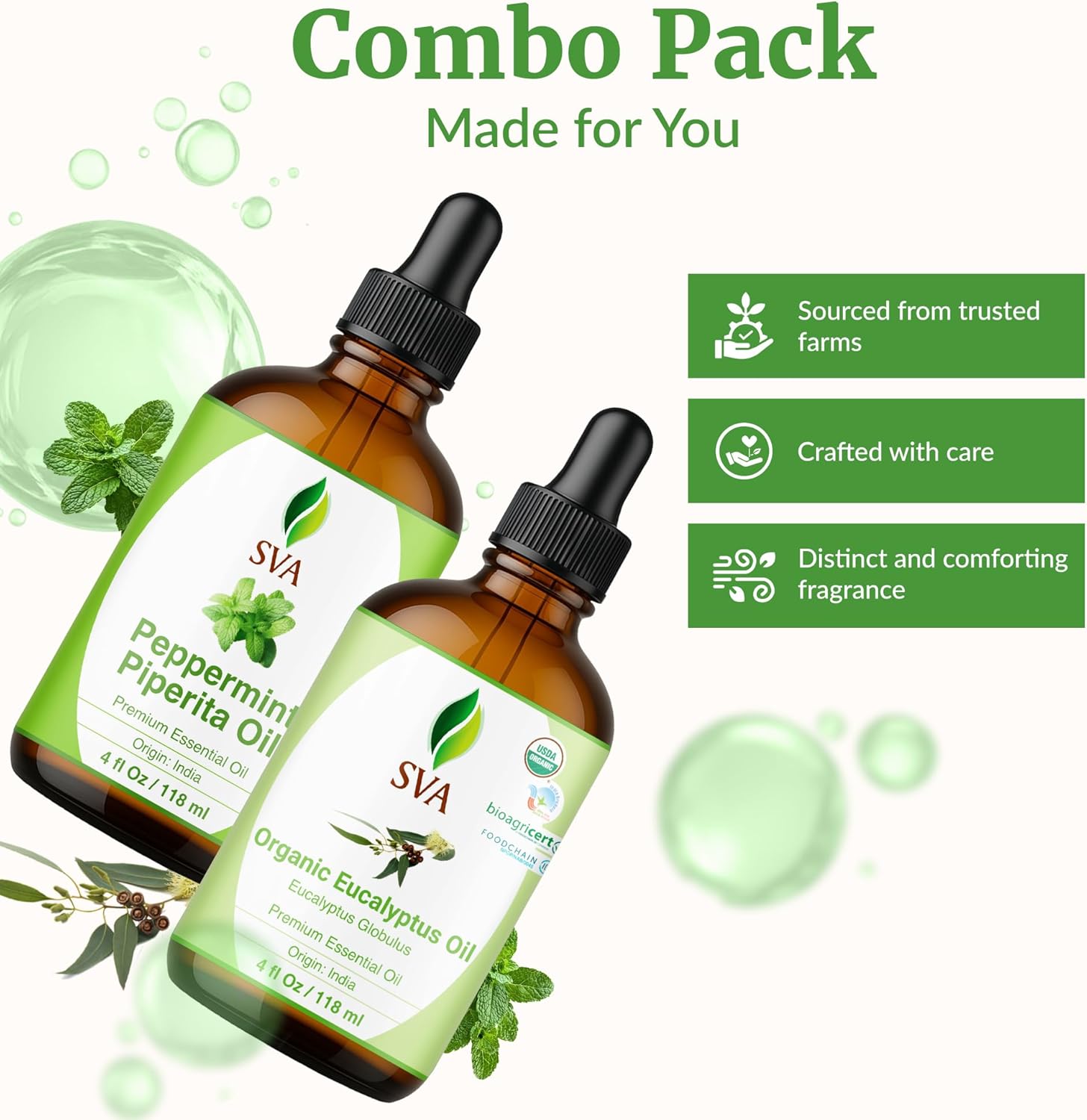 SVA Peppermint Essential Oil and Eucalyptus Essential Oil 4oz Bundle Super Saver Combo – Premium Grade Value Set for Aromatherapy, Hair Oiling, Scalp Massage, Hair Care, Skin & Body