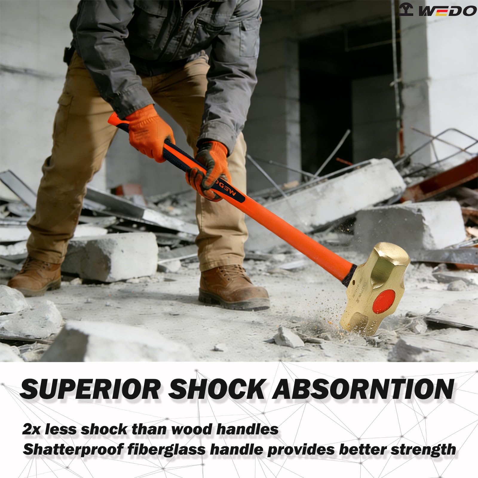 WEDO Mosiężny młot kowalski młotek z uchwytem z włókna szklanego, niemagnetyczny, matrycowy, odporny na korozję, standard DIN, 3,6 kg, 700 mm