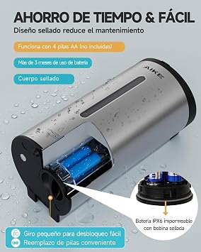 AIKE AK1205E Automatic Wall Mounted Soap Dispenser, Large Capacity Stainless Steel for Dining Room and Bathroom