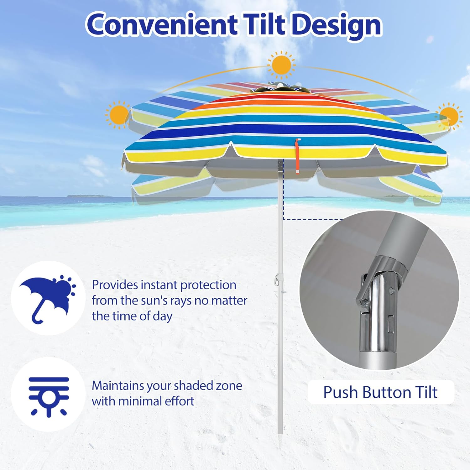 HAPPYGRILL 6.5 FT Beach Umbrella with Sand Anchor, Portable Outdoor Sunshade with Push Button Tilt, Sun Protection, Carrying Bag, Vented Canopy, Patio Parasol for Garden Pool Backyard