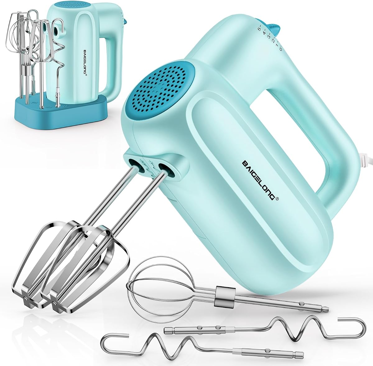 Batidora eléctrica de mano, batidora de cocina de 5 velocidades con 5 accesorios de acero inoxidable 304 + base de almacenamiento, batidora de mano para hornear, batir crema, mezclar pasteles, azul