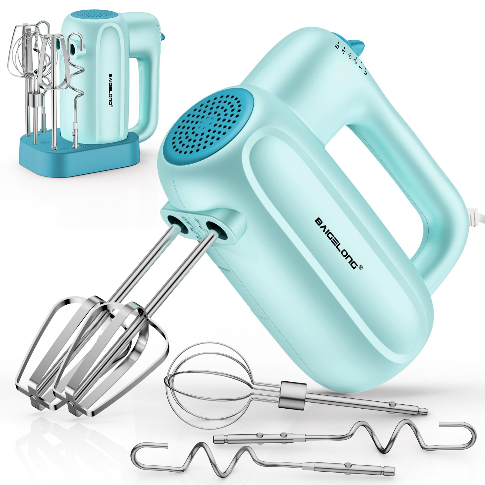BAIGELONG 200W 5-Speed Handheld Electric Mixer, with 5 Stainless Steel Attachments, Portable Food Blender for Baking, Whipping Cream, Cake Mixing, Blue
