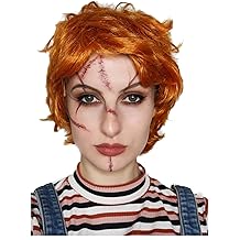 Evil Killer Doll Wig Orange Halloween Wig &ndash; Includes Scar Tattoos Anime Cosplay Halloween Costume