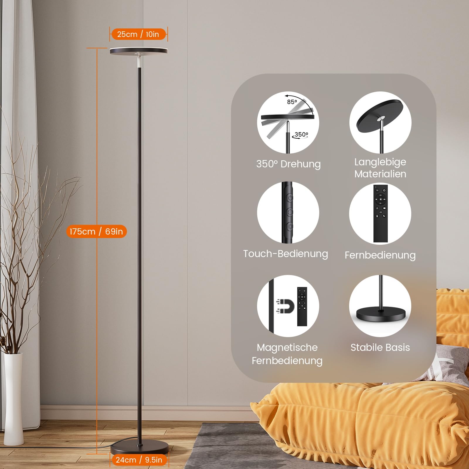 Uplighter LED Stehleuchten für Wohnzimmer, 36W superhelle Torchiere Standleuchte mit Fernbedienung, Touch-Control, 175 cm dimmbare moderne hohe Leuchte mit Timer für Schlafzimmer, Büro, Ecke, Schwarz